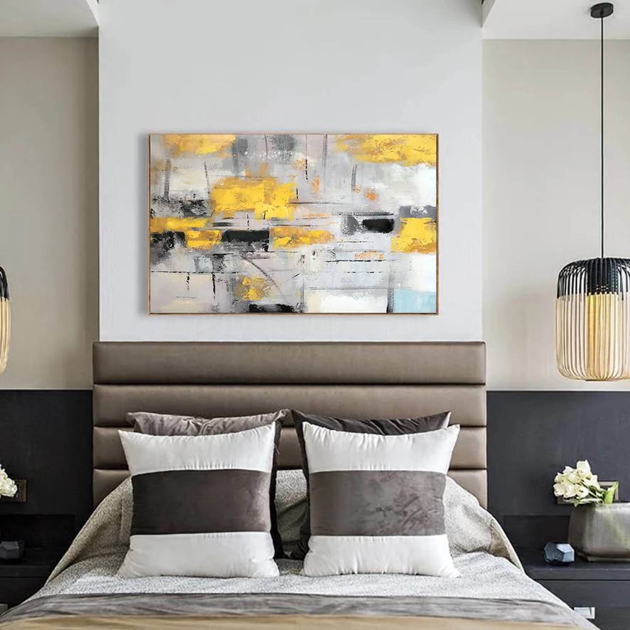 Yellow Hand-painted Original Room Gray Dining Abstract Canvas Artwork IMP1Z